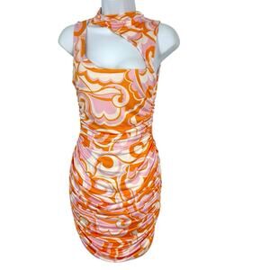 Missguided Dress US Size 4 Ruched Bodycon High Neck Cut Out Colorful Patterned